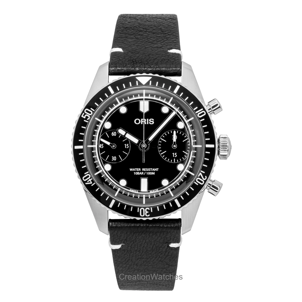 Oris Divers Sixty-Five クロノグラフ レザーベルト 黒文字盤 自動巻き 01-771-7791-4054-07-6-20-01 100m防水 メンズ腕時計