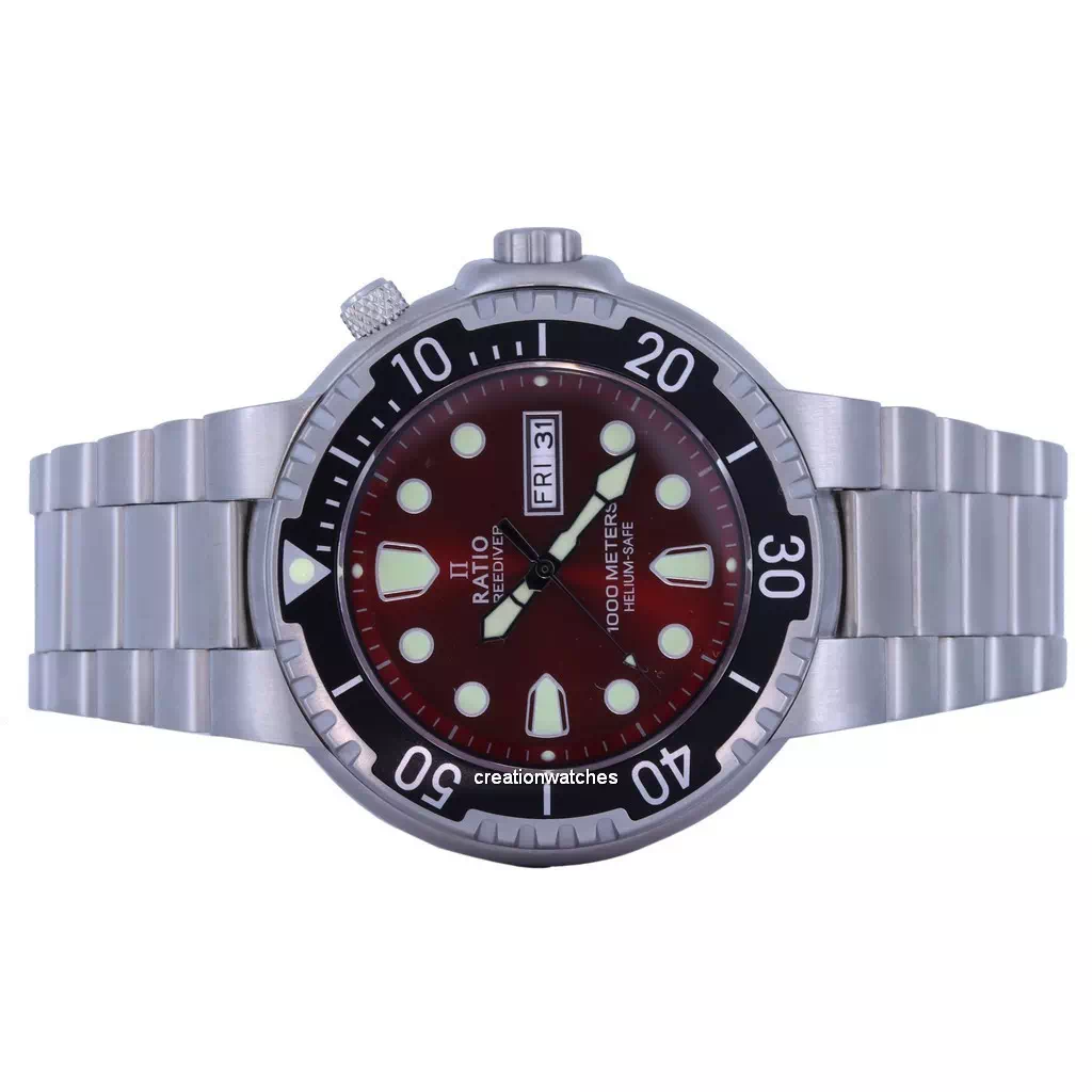 Ratio FreeDiver Reloj para hombre con esfera roja y acero inoxidable de cuarzo 1050HA93-02V-RED 1000M