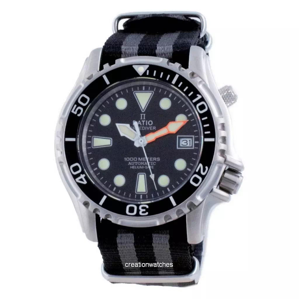 Ratio Free Diver Helium Safe Nylon Automatic Diver's 1066KE20-33VA-BLK-var-NATO1 1000M Reloj para hombre