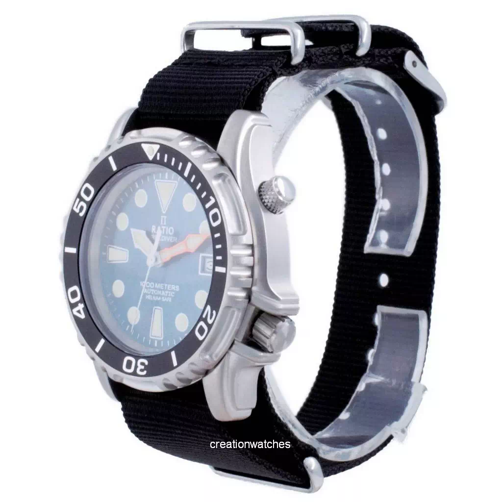 Ratio Free Diver Helium Safe Nylon Automatic Diver's 1066KE20-33VA-BLU-var-NATO4 1000M Reloj para hombre