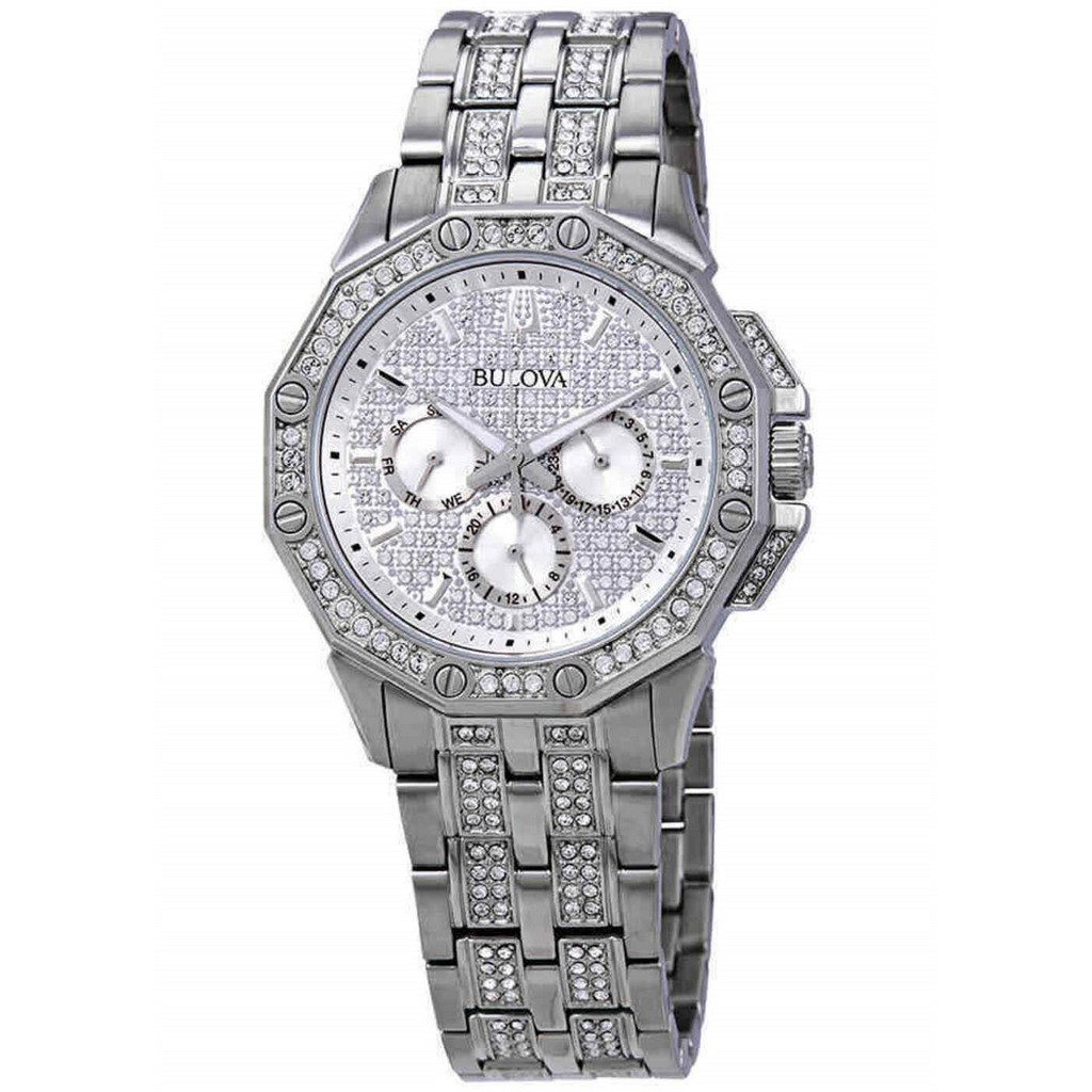 Bulova Octava Crystal Accents Silber Multifunktions Zifferblatt Quarz 96C134 Herrenuhr