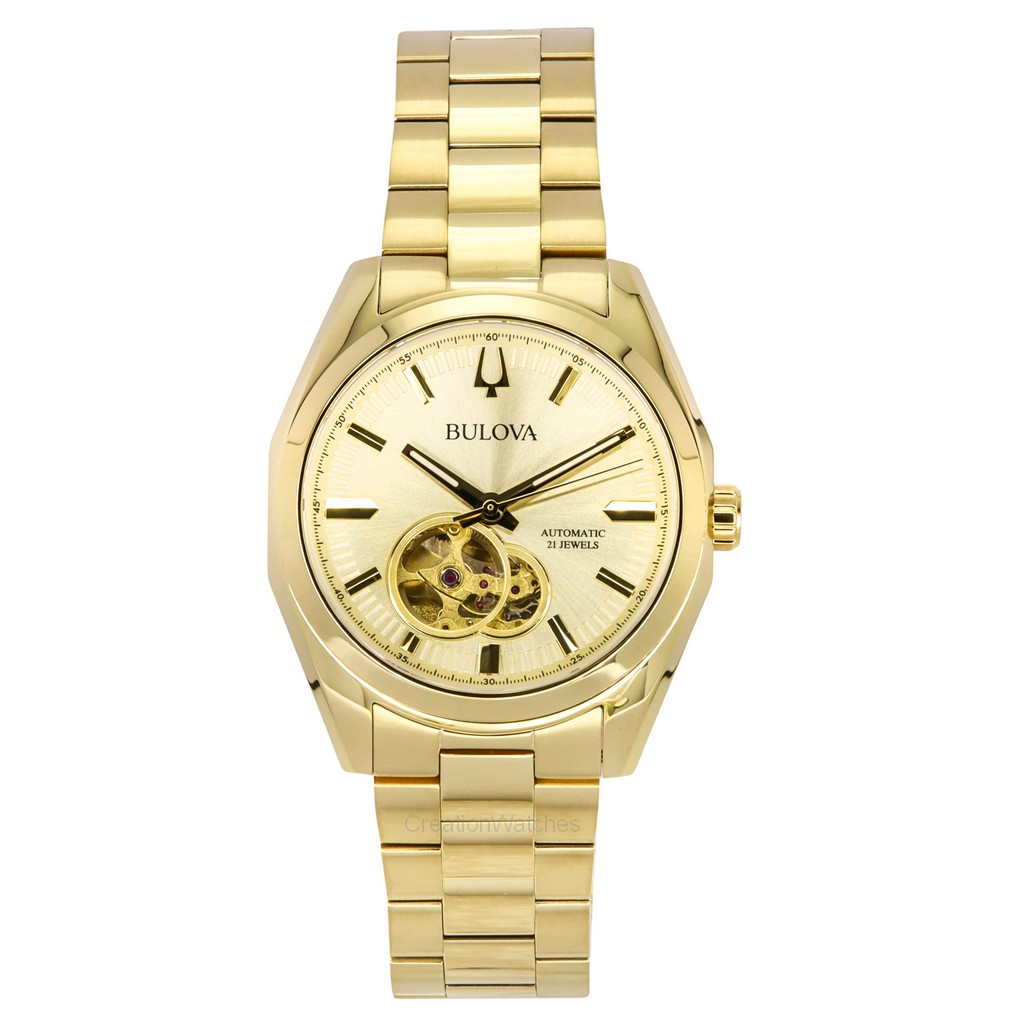 Bulova Surveyor Gold Tone ステンレススチール Open Heart Champagne Dial 自動巻き 97A182 メンズ腕時計