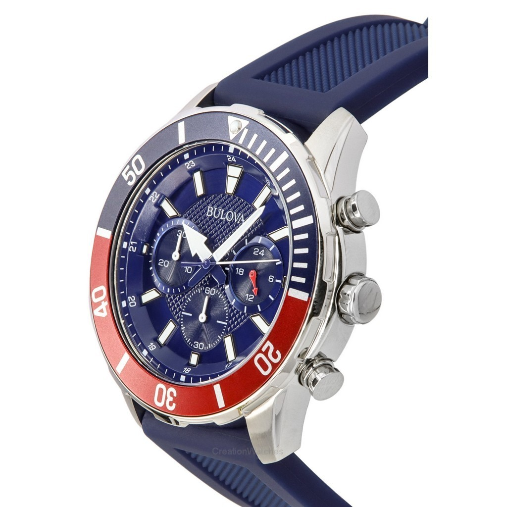 Bulova Sports Chronograph Silicone Strap Blue Dial Quartz 98K111 100M Men's Watch With Gift Set