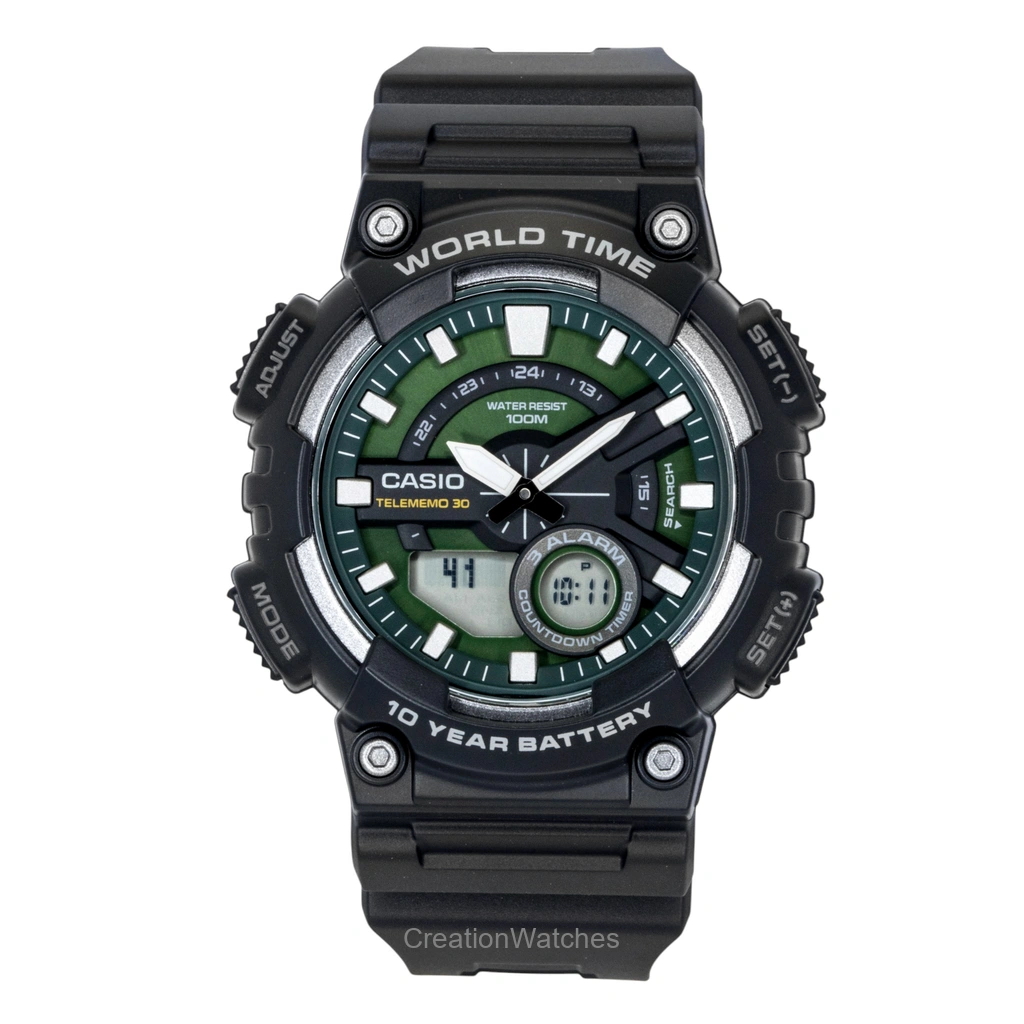 Casio アナログデジタル 樹脂ベルト 緑文字盤 クォーツ AEQ-110W-3A2V 100m防水 メンズ腕時計