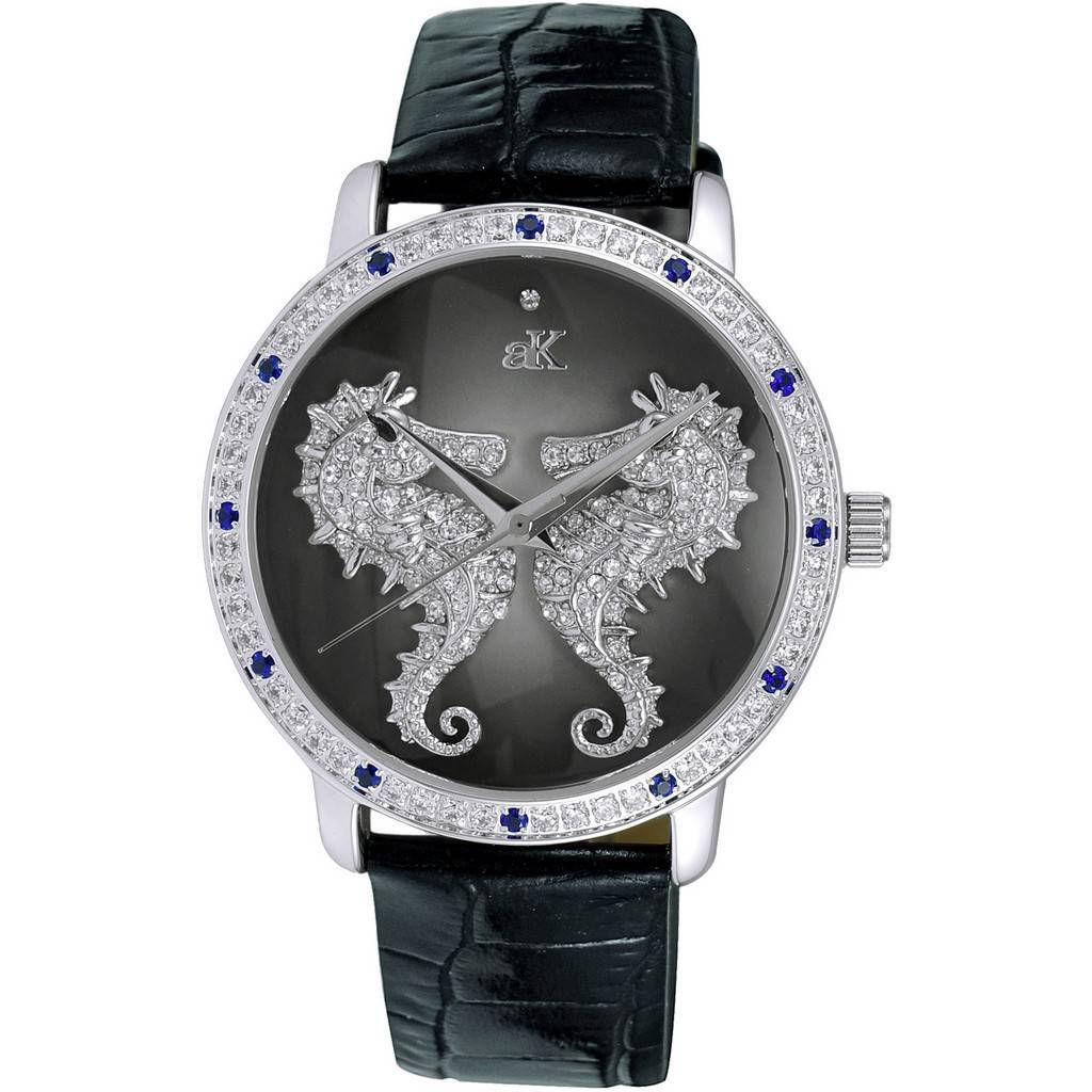 Relógio feminino Adee Kaye coleção Seahorsee com detalhes em cristal, mostrador preto, quartzo AK2002-LBU
