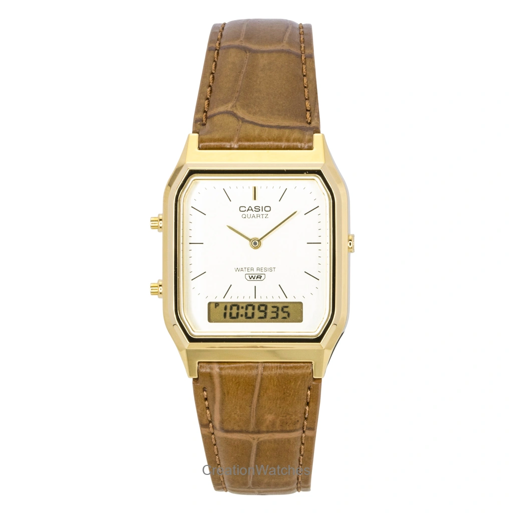 Casio ビンテージ アナログデジタル レザーベルト Gold Dial クォーツ AQ-230EGL-9A ユニセックス腕時計