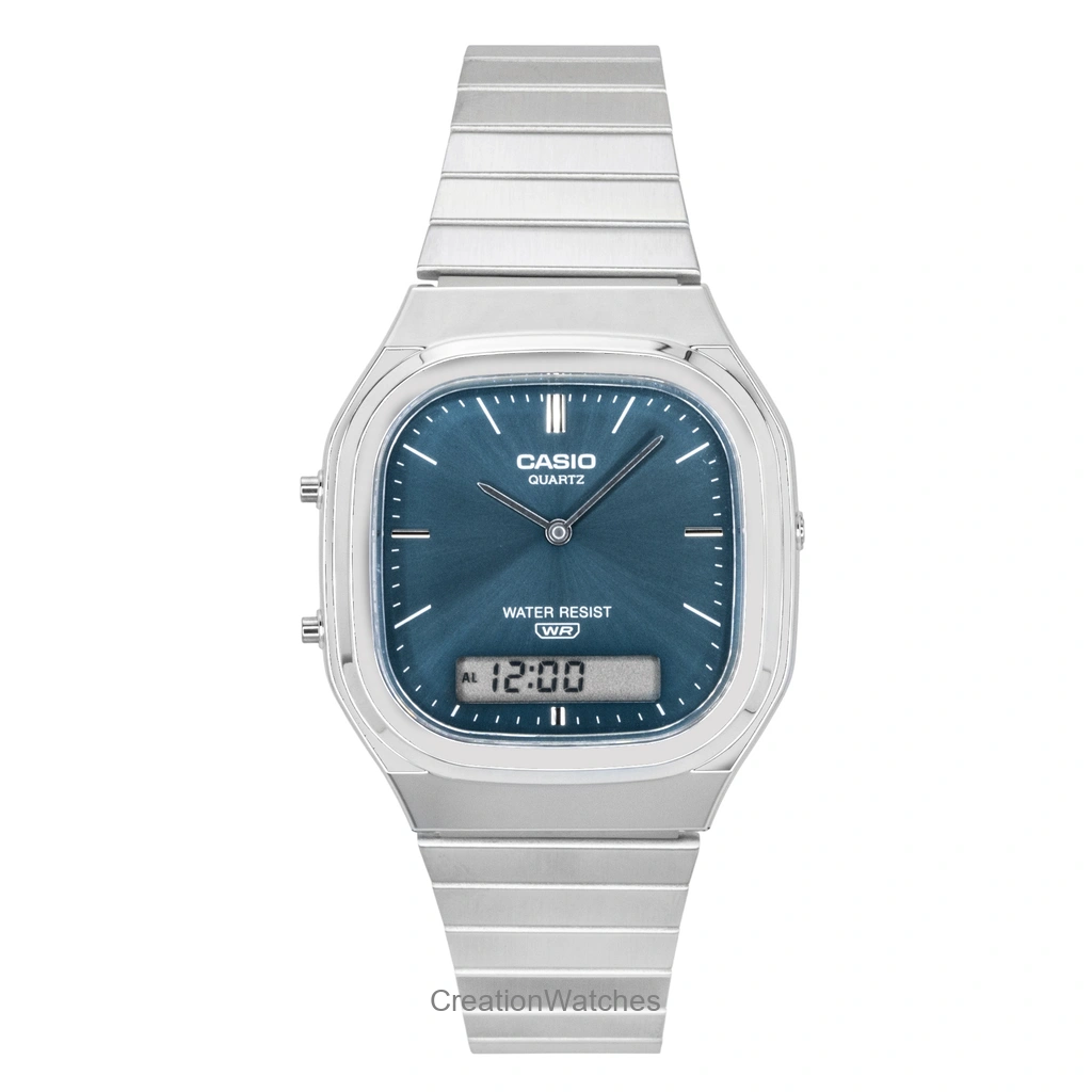 Casio Vintage Analog Digital Stainless Steel Sky Blue Dial Quartz