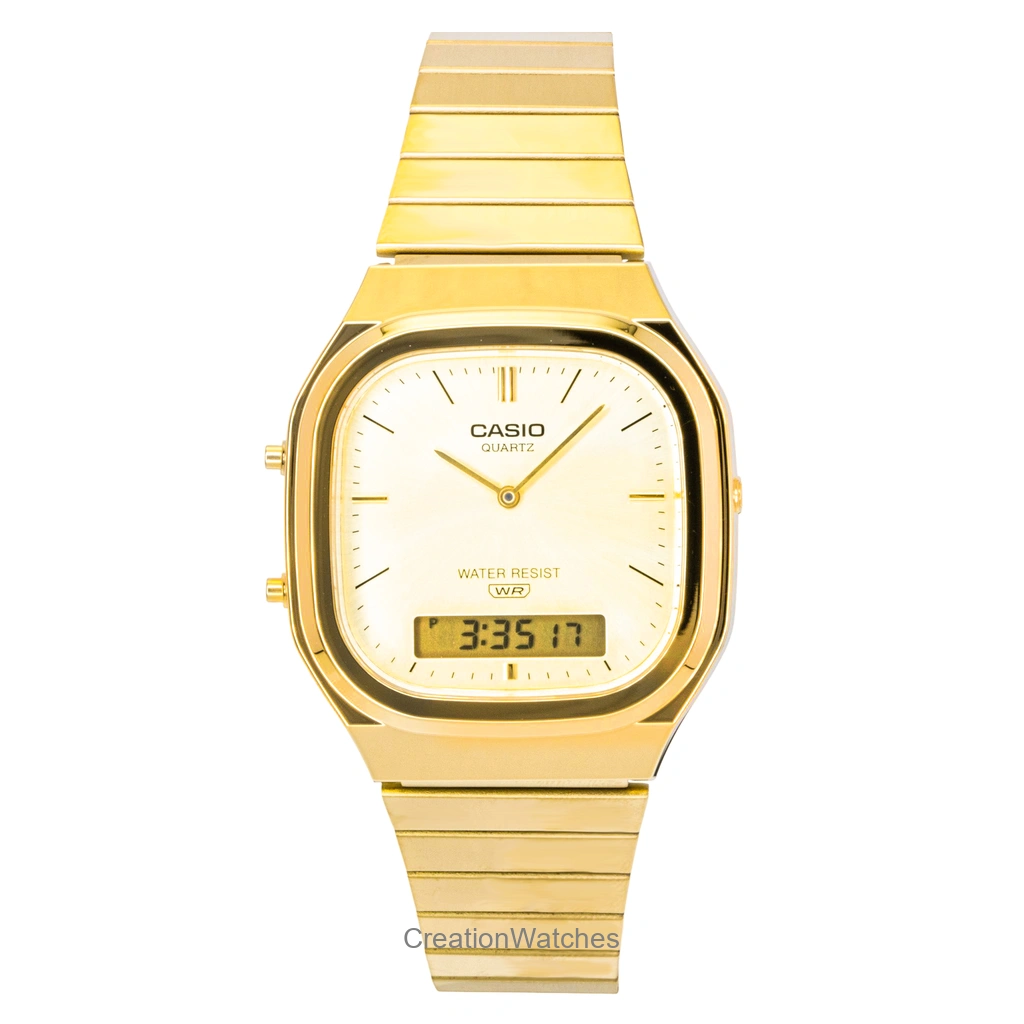 Casio ビンテージ アナログデジタル Gold Tone ステンレススチール Gold Dial クォーツ AQ-240EG-9A ユニセックス腕時計