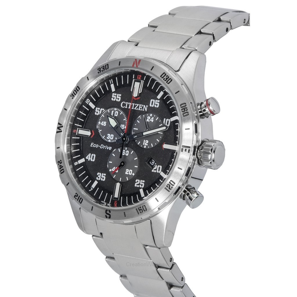 100M Chronograph Watch Steel Dial Black Men\'s Citizen AT2520-89E Eco-Drive Stainless
