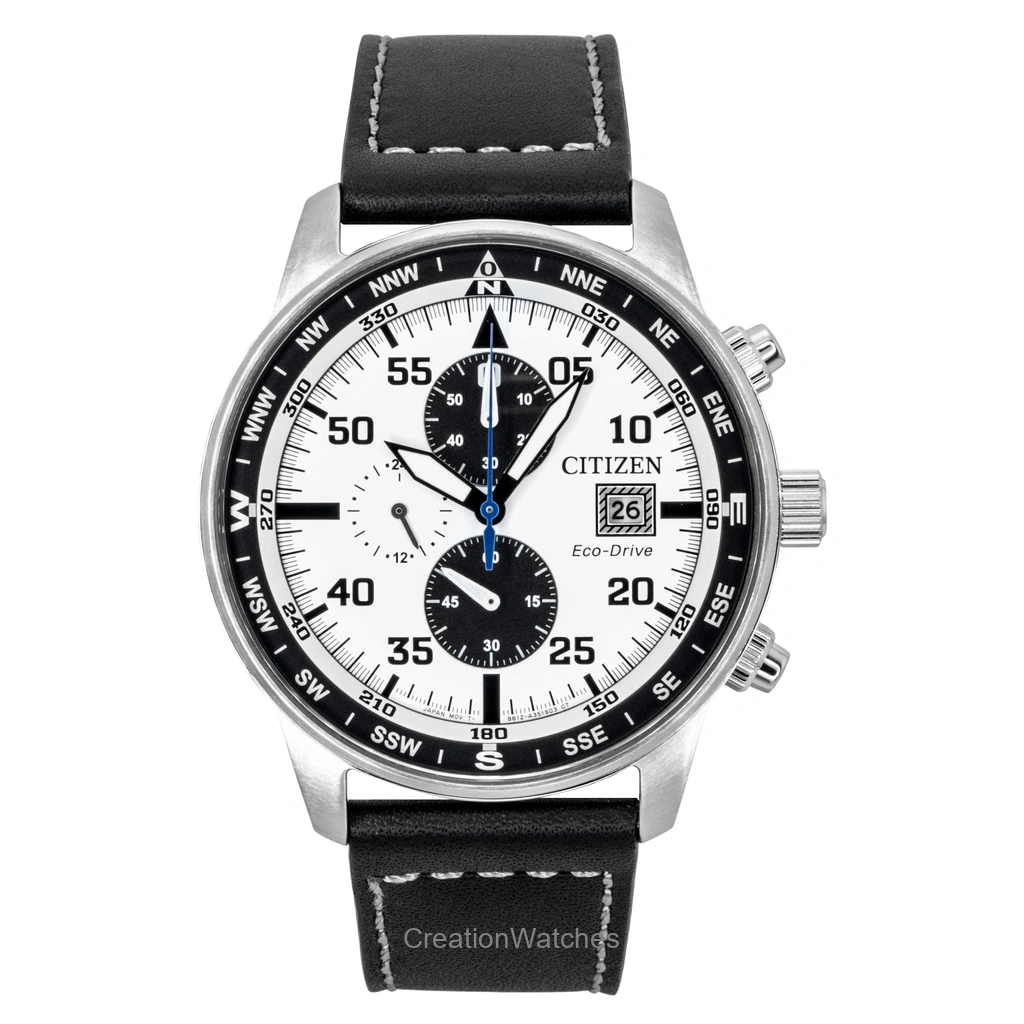 Citizen エコ・ドライブ Aviator クロノグラフ レザーベルト 白文字盤 CA0880-07A 100m防水 メンズ腕時計