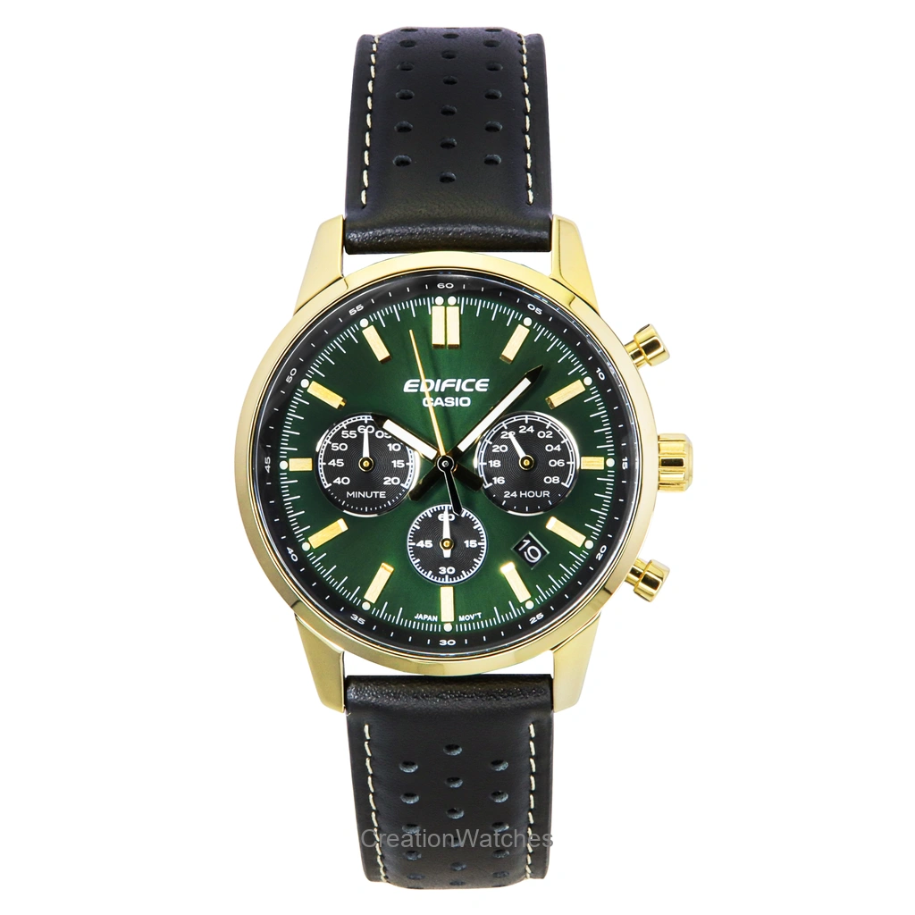 Casio Edifice アナログ クロノグラフ レザーベルト 緑文字盤 クォーツ EFR-575CL-3A 100m防水 メンズ腕時計