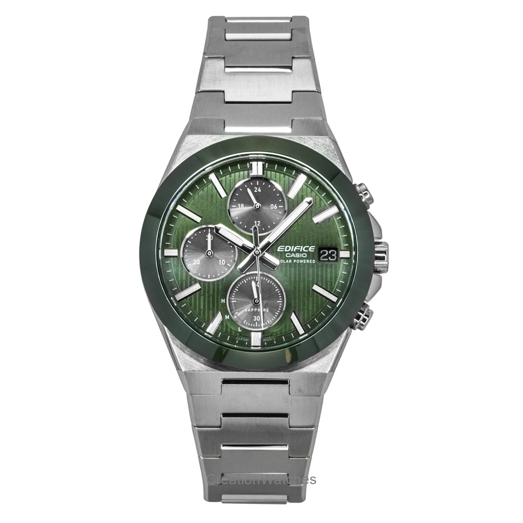 Casio Edifice アナログ クロノグラフ ステンレススチール 緑文字盤 ソーラー EFS-S650D-3A 100m防水 メンズ腕時計
