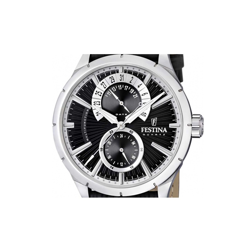 Festina Retro Quartz Watch F16573-3 Multifunction Strap Men\'s Leather Dial Black