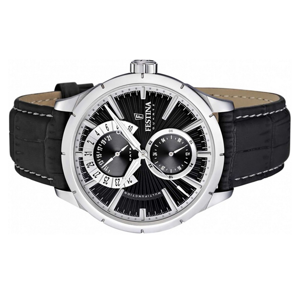 Men\'s Strap Dial Multifunction Watch Quartz Black Retro F16573-3 Festina Leather