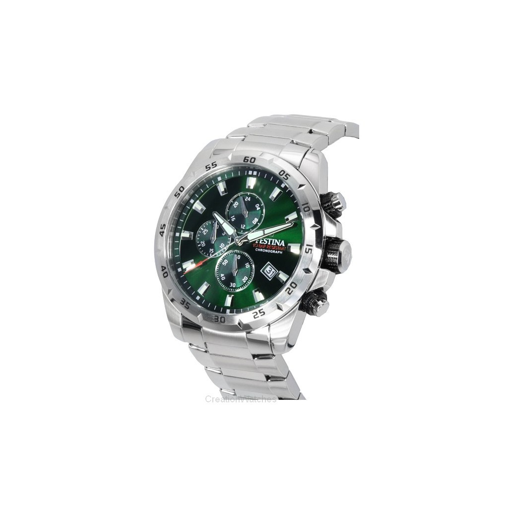 Steel Green Dial Chorongraph Quartz 100M Men\'s F20463-3 F204633 Festina Sports Stainless Watch
