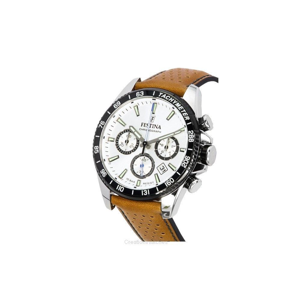 White Watch F205611 F20561-1 Leather Men\'s Dial 100M Chronograph Timeless Strap Festina