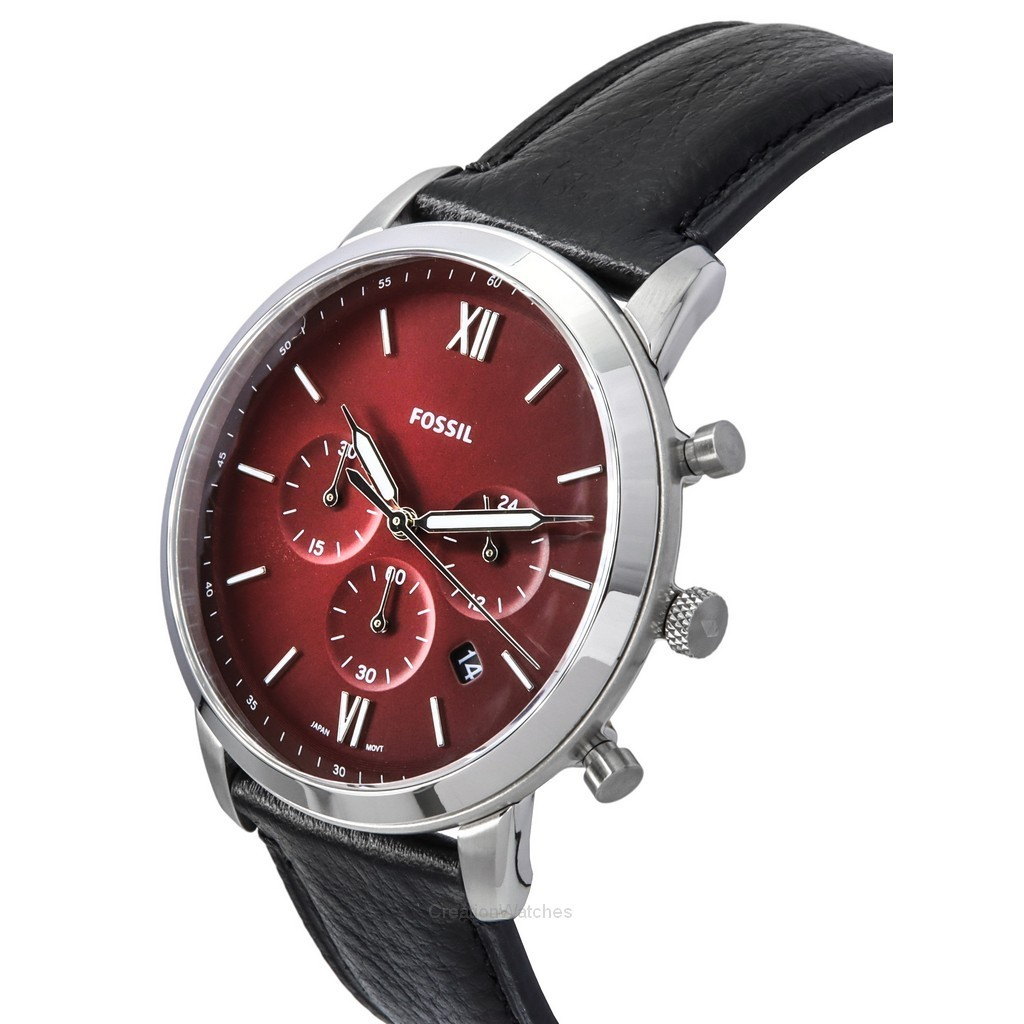 Black FS6016 Neutra Burgundy Dial Chronograph Strap Leather Fossil LiteHide Quartz Men\'s Watch