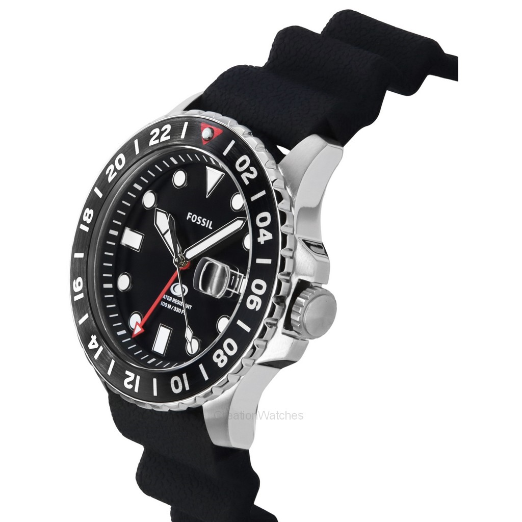 Fossil ブルー GMT シリコンストラップ ブラックダイヤル クォーツ FS6036 100M メンズ腕時計 ja