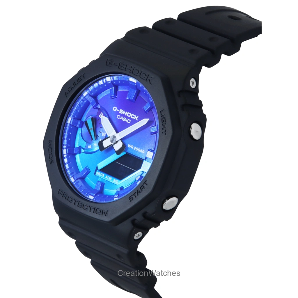 Casio G-Shock GA2100FL-1A - Orologio ottagonale con quadrante blu in resina nera e fiamme di colore
