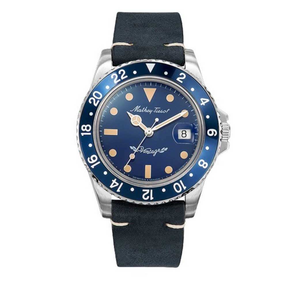 Mathey-Tissot Mathy ビンテージ 自動巻き レザーベルト 青文字盤 H900ATLBU 100m防水 メンズ腕時計