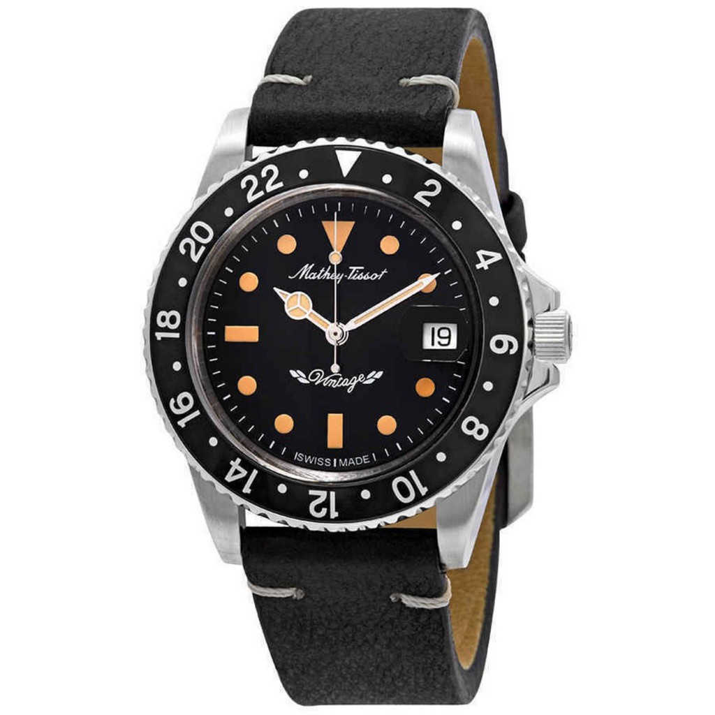 Mathey-Tissot Mathy ビンテージ 自動巻き レザーベルト 黒文字盤 H900ATLN 100m防水 メンズ腕時計