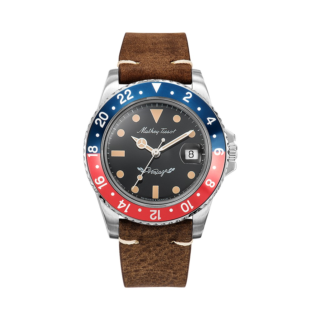 Mathey-Tissot Vintage Leather Strap Black Dial Automatic H900ATLR 100M Men's Watch