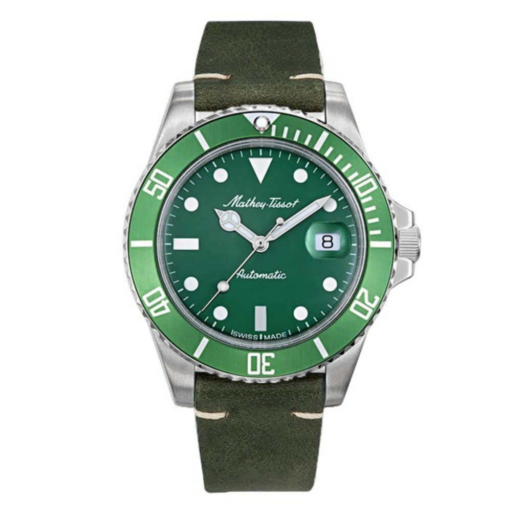 Mathey-Tissot Mathy ビンテージ Genuine レザーベルト 緑文字盤 自動巻き H901ATLV 100m防水 メンズ腕時計