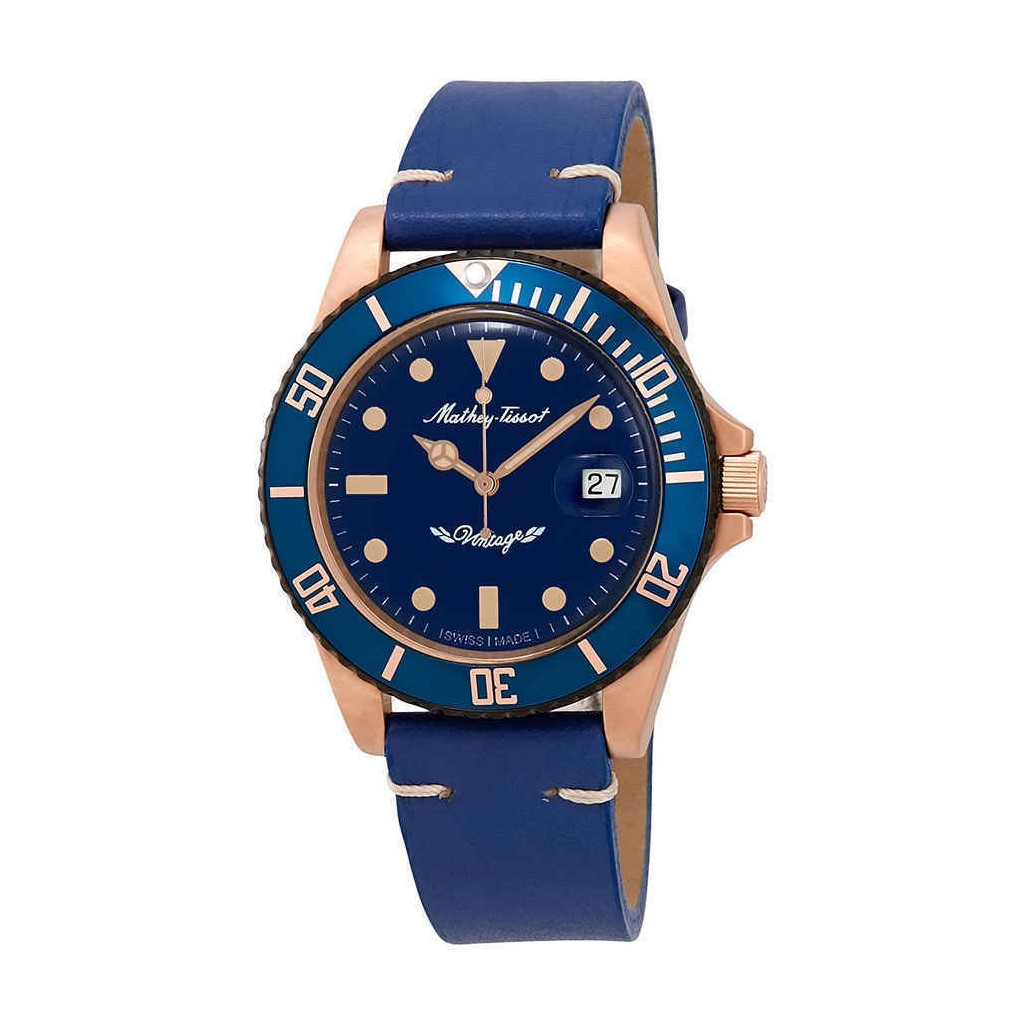 Mathey-Tissot Mathy Vintage Bronze Automatic Leather Strap Blue Dial ...