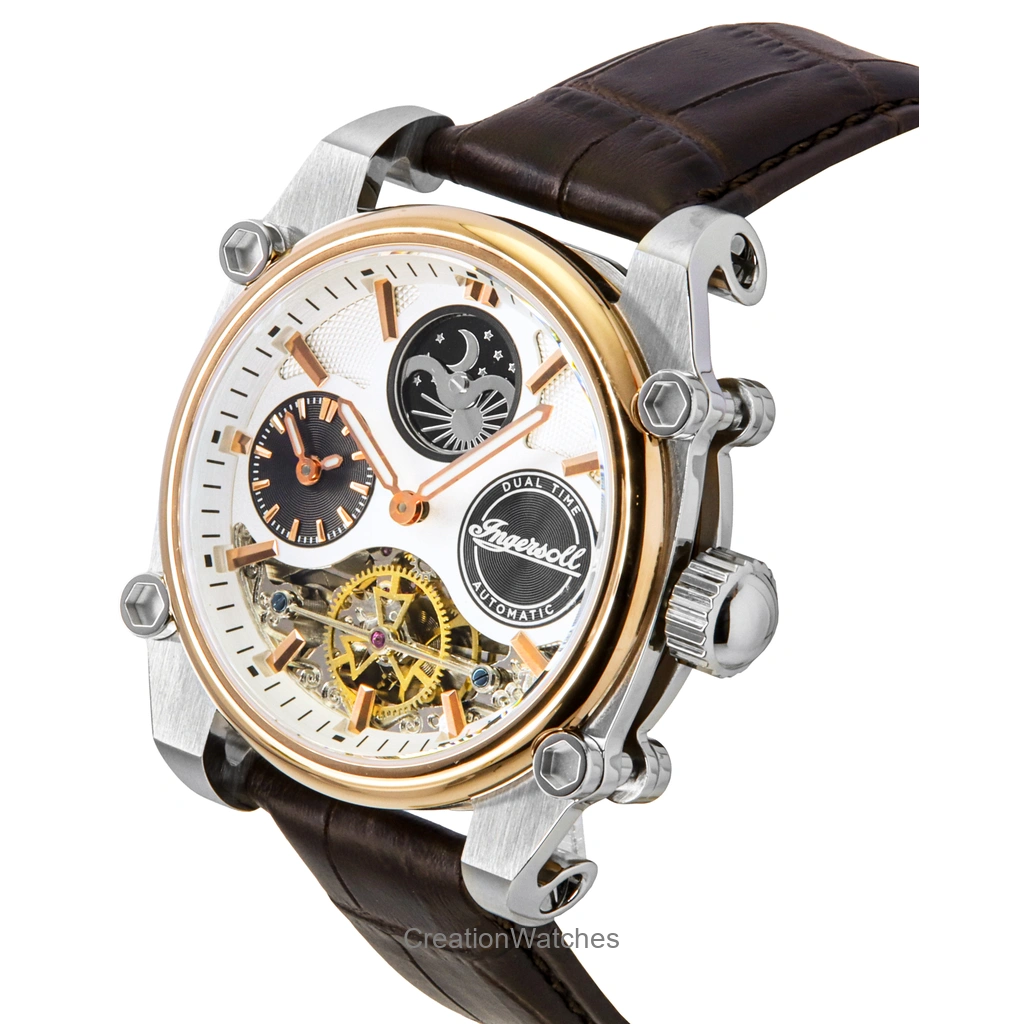 Ingersoll The Varsity Orologio Automatico Uomo 47mm: Quadrante Bianco, Fasi Lunari E Cinturino In Pelle Marrone
