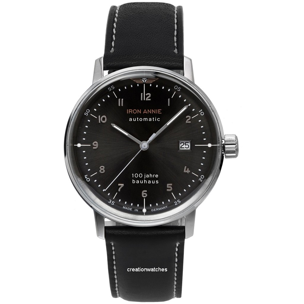 Iron Annie 100 Jahre Bauhaus Leather Strap Black Dial Automatic 50562 Men's Watch