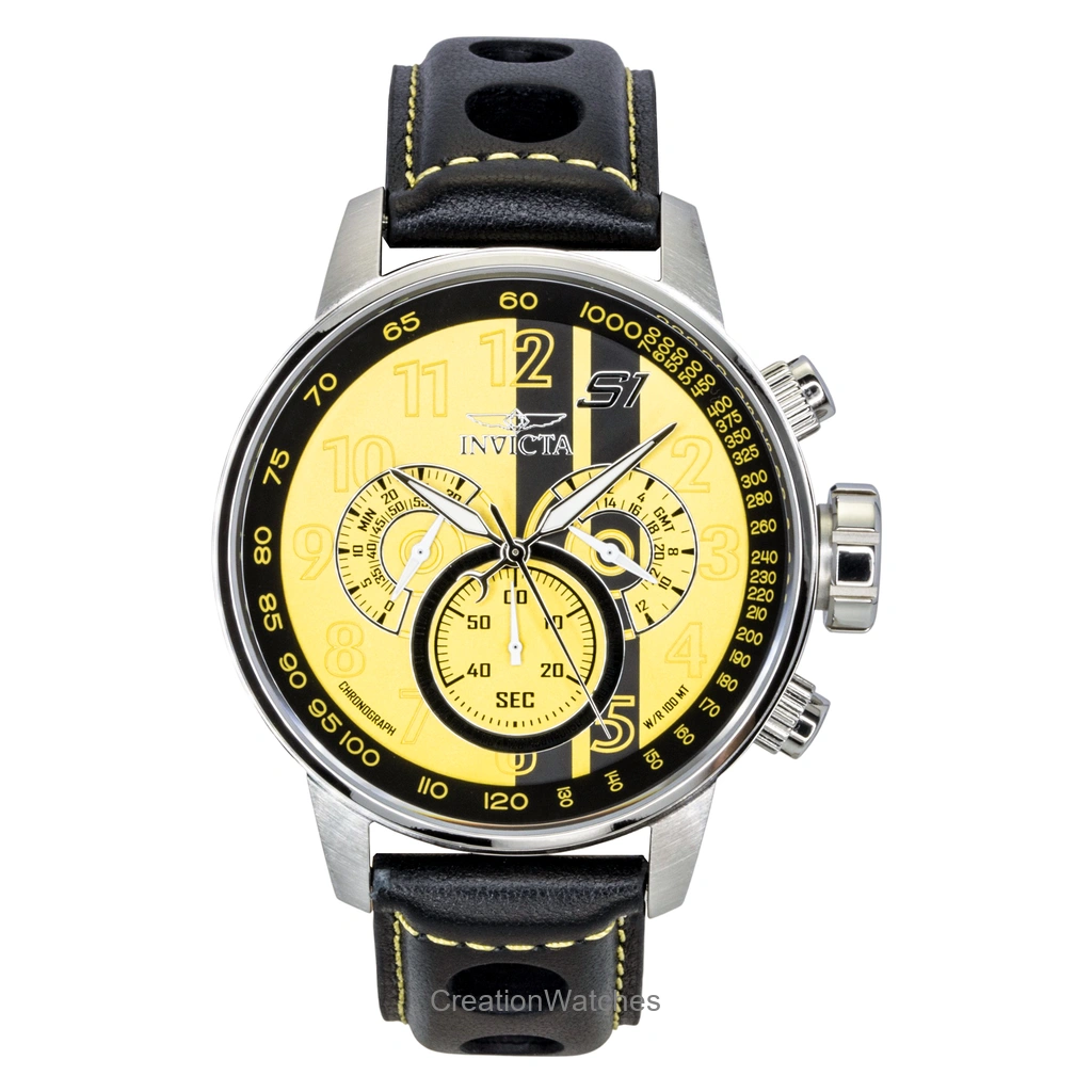 Invicta S1 Rally クロノグラフ GMT レザーベルト Yellow and 黒文字盤 クォーツ 48616 100m防水 メンズ腕時計