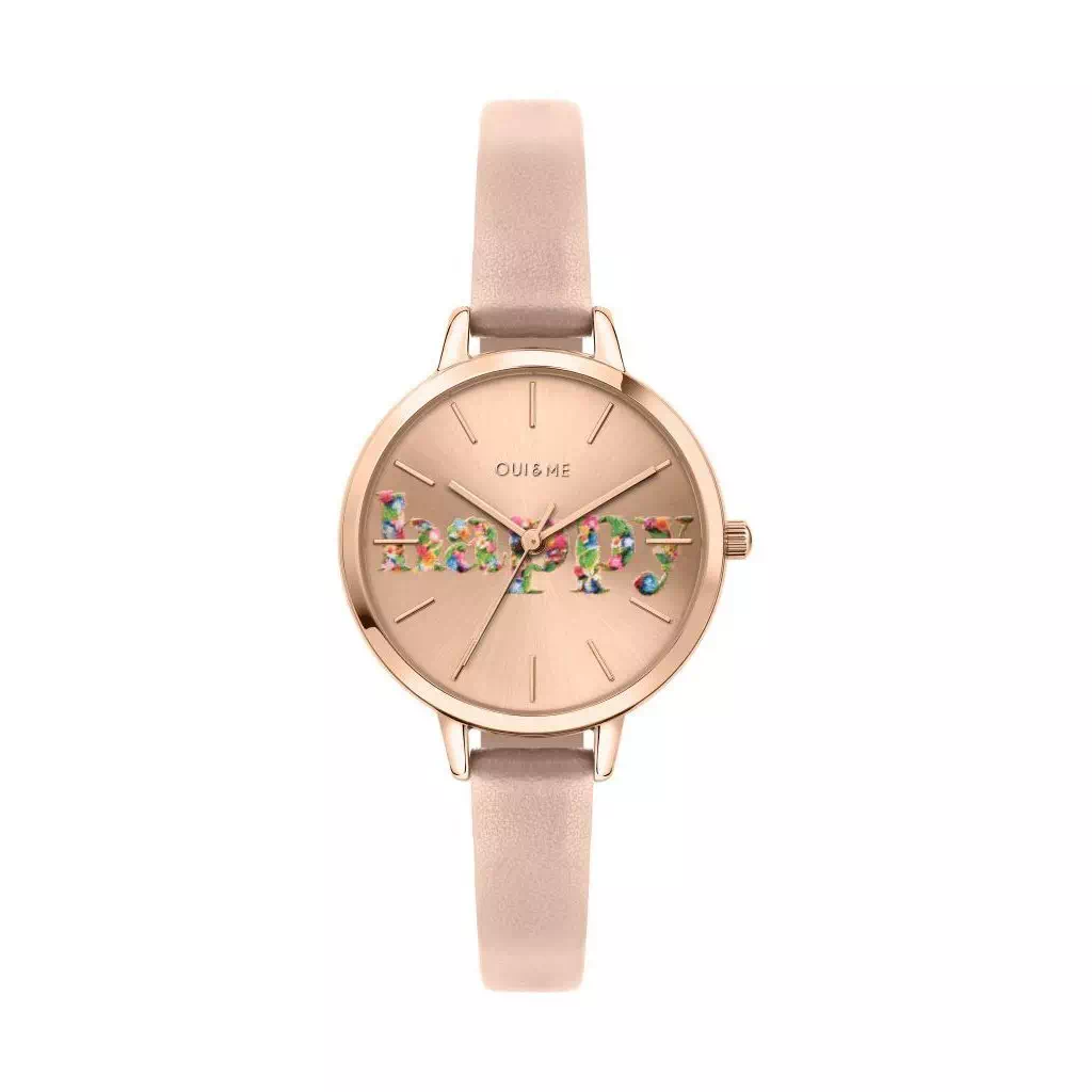 Relógio feminino Oui & Me Petite Fleurette rosa ouro raio solar pulseira de couro quartzo ME010009