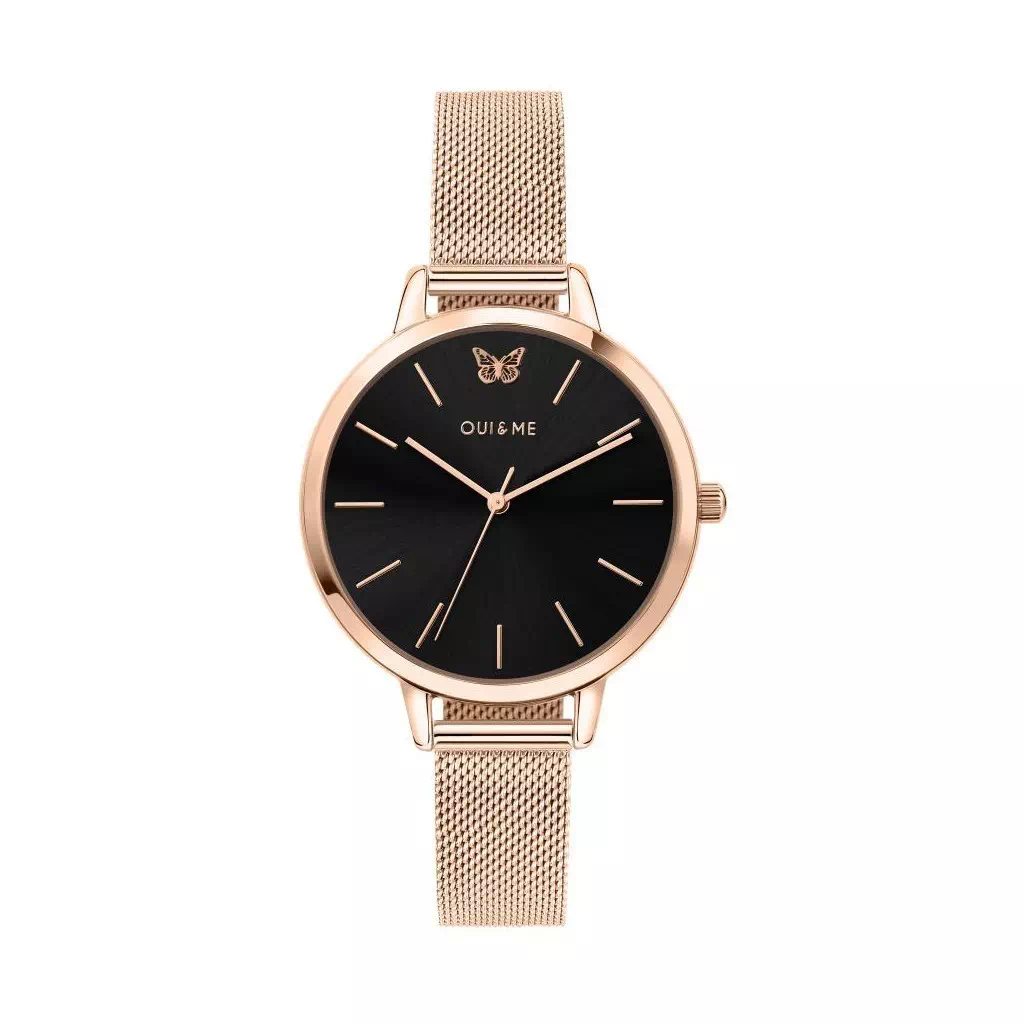 Relógio feminino Oui & Me Amourette com mostrador preto rosa tom ouro em aço inoxidável quartzo ME010015