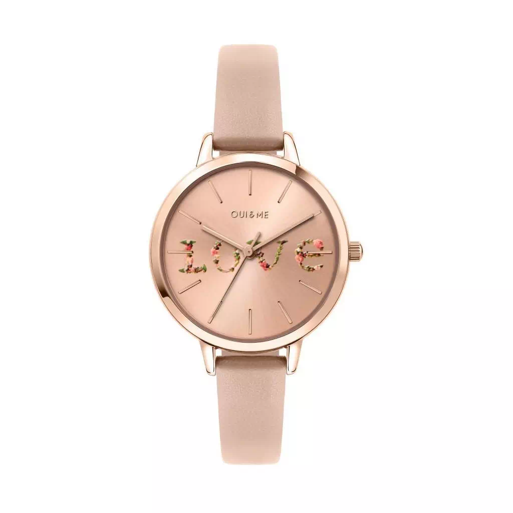 Relógio feminino Oui & Me Fleurette rosa ouro raio solar pulseira de couro quartzo ME010018