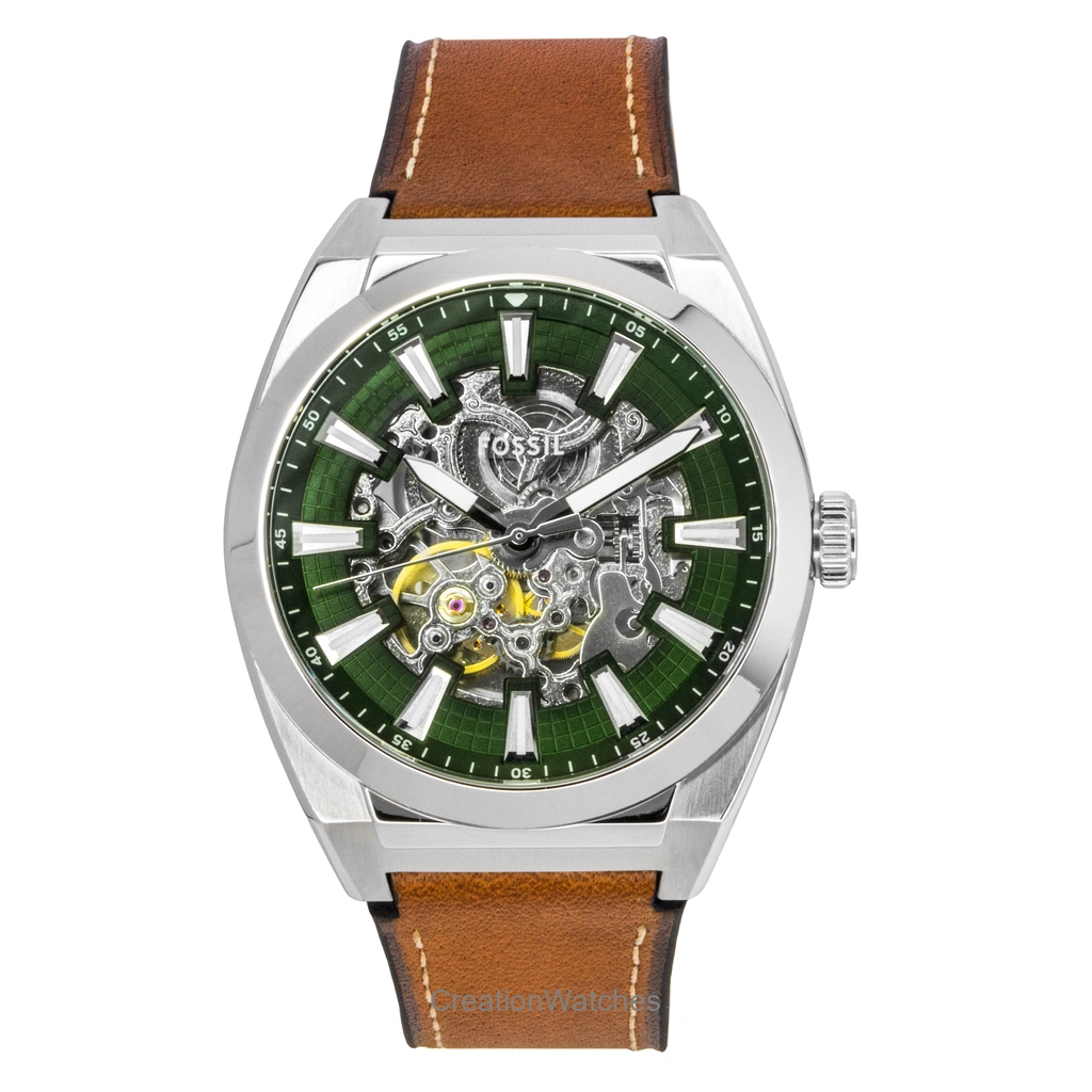 Fossil Everett Brown レザーベルト Green Skeleton Dial 自動巻き ME3261 メンズ腕時計
