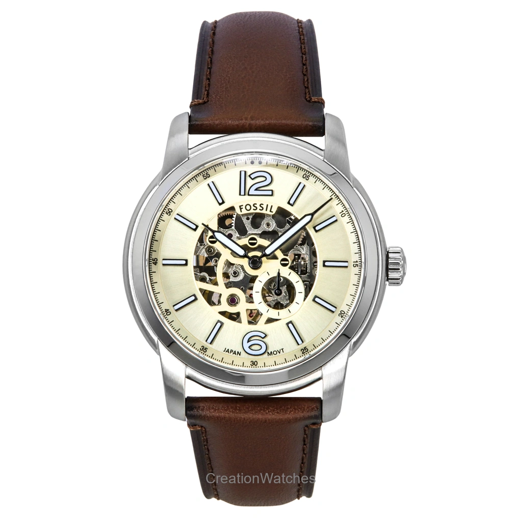 Fossil Heritage Brown レザーベルト Cream Skeleton Dial 自動巻き ME3264 メンズ腕時計