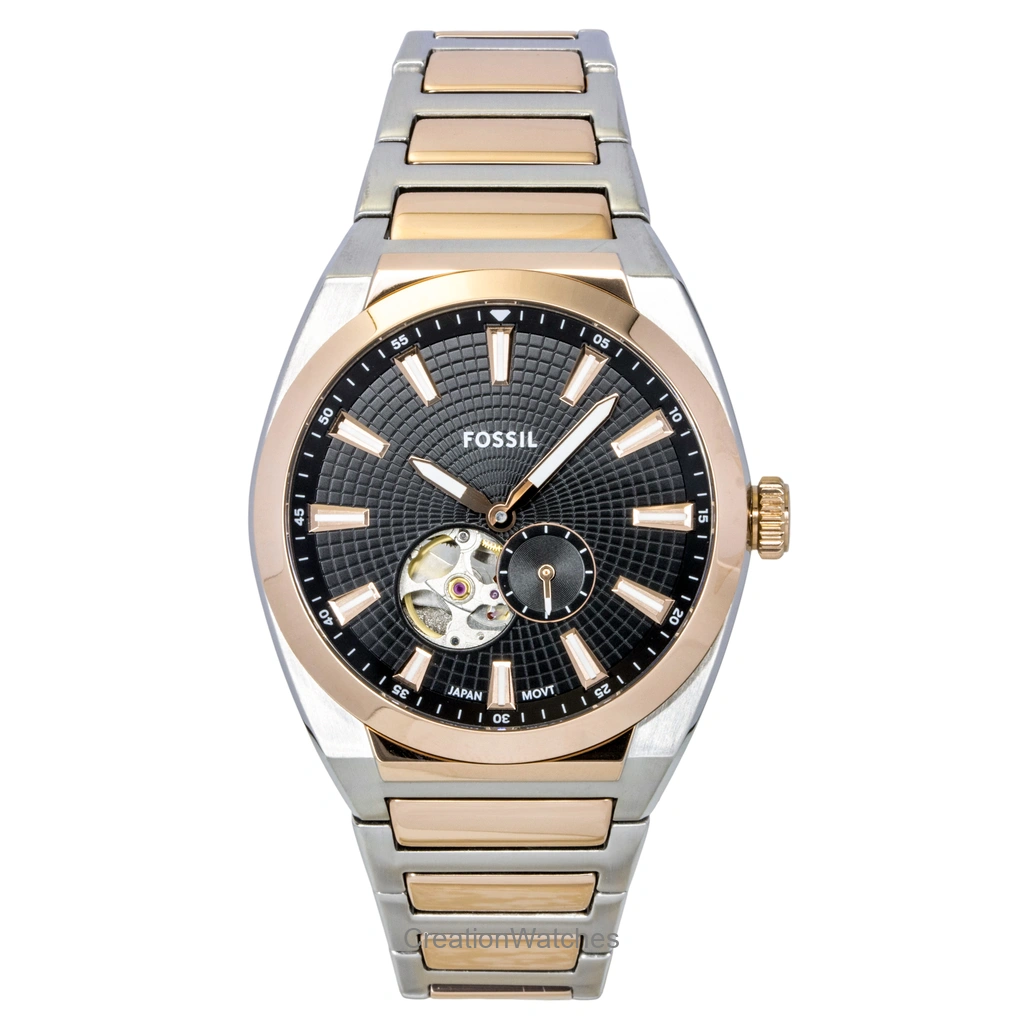 Fossil Everett Two-Tone ステンレススチール Open Heart 黒文字盤 自動巻き ME3277 メンズ腕時計