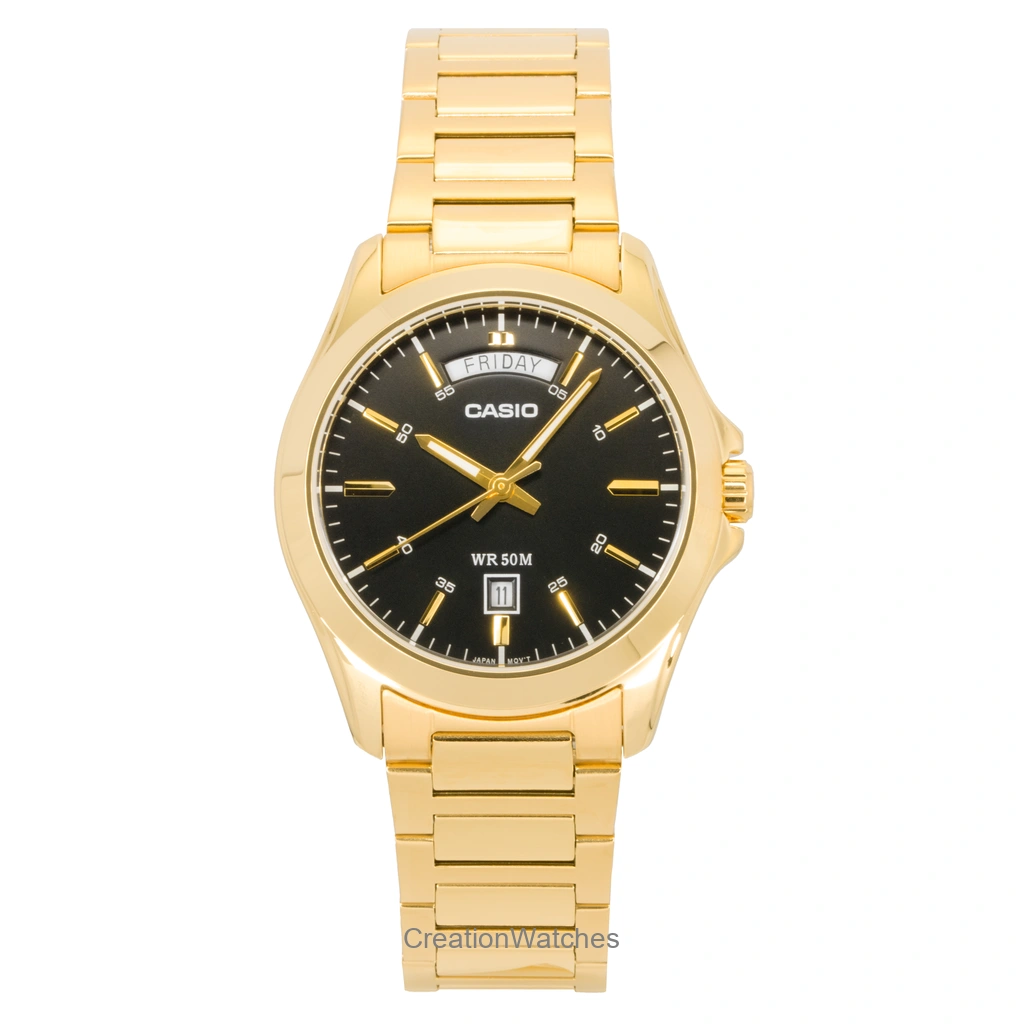 Casio Standard アナログ Gold Tone ステンレススチール 黒文字盤 クォーツ MTP-1370G-1AV メンズ腕時計