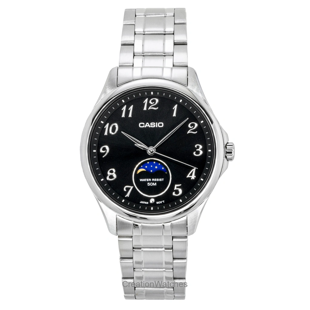 Casio Standard アナログ Moon Phase ステンレススチール 黒文字盤 クォーツ MTP-M110D-1AV メンズ腕時計