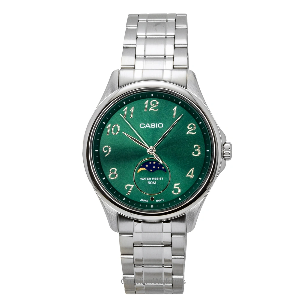 Casio Standard アナログ Moon Phase ステンレススチール 緑文字盤 クォーツ MTP-M110D-3AV メンズ腕時計