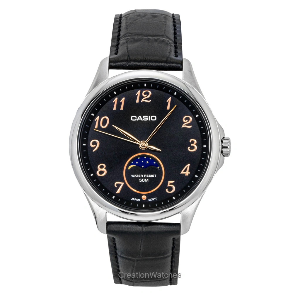 Casio Standard アナログ Moon Phase レザーベルト 黒文字盤 クォーツ MTP-M110L-1AV メンズ腕時計