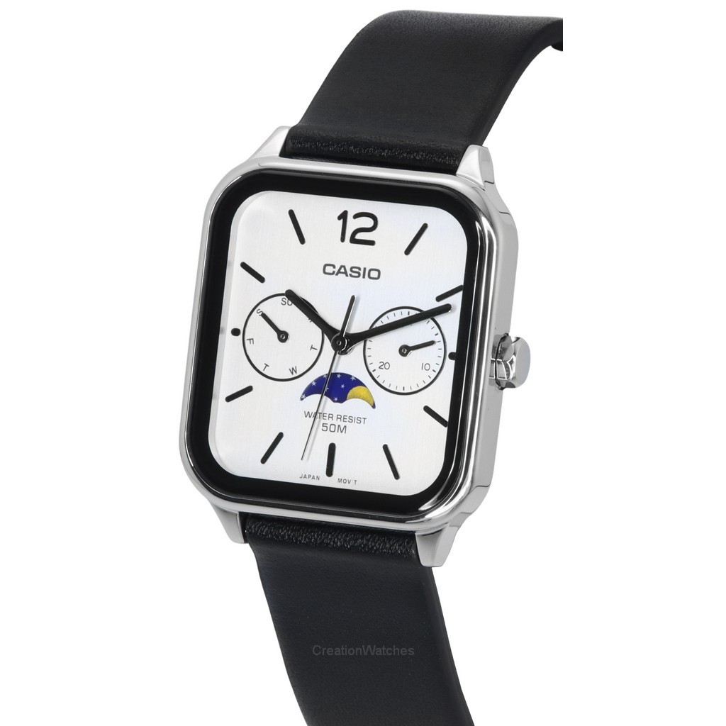 Casio Standard Analog Moon Phase Leather Strap White Dial Quartz MTP-M305L-7A Men's Watch