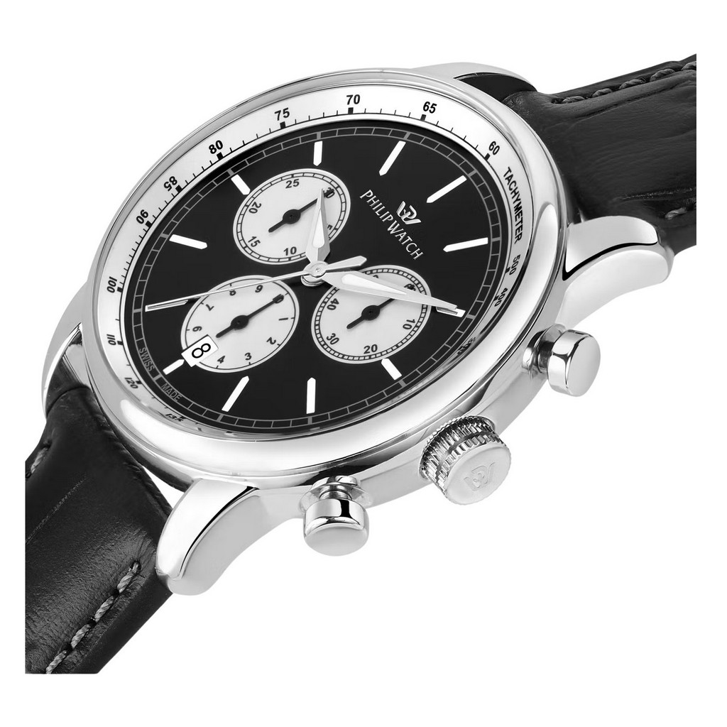 Philip Watch Swiss Made Anniversary Chronograph Leather Strap Black Dial Quartz R8271650002 100M Men's Watch