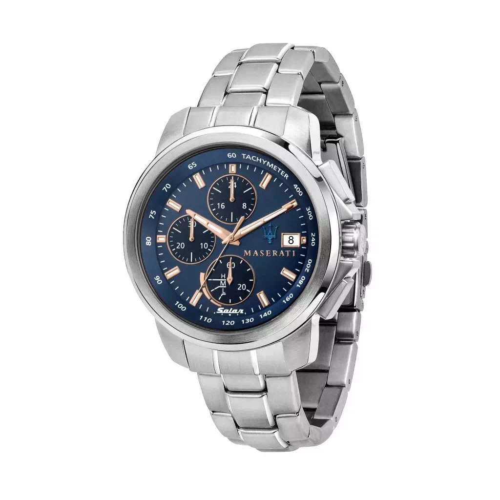 Relógio masculino Maserati Sucesso cronógrafo mostrador azul em aço inoxidável solar R8873645004