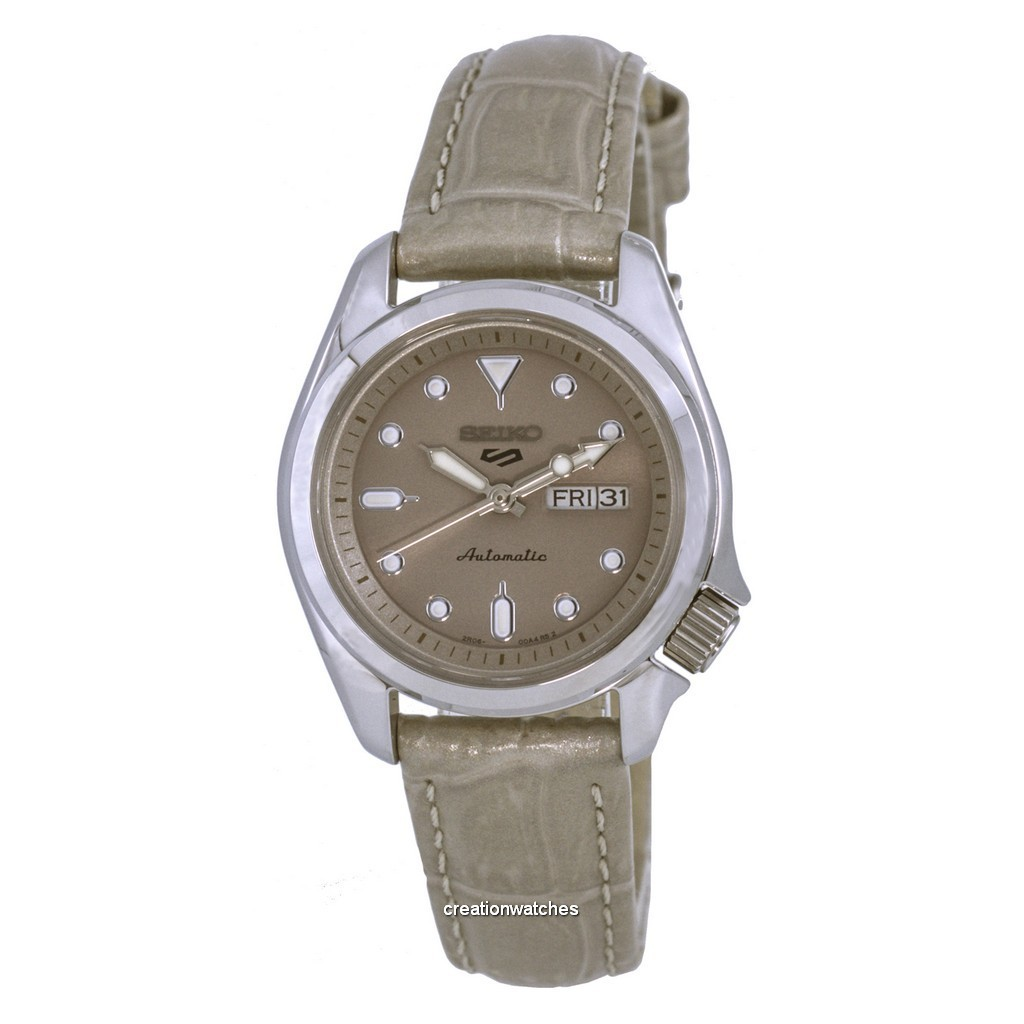 再生品 Seiko 5 Sports Compact Leather Beige Dial 自動巻き SRE005 SRE005K1 SRE005K 100m防水 レディース腕時計