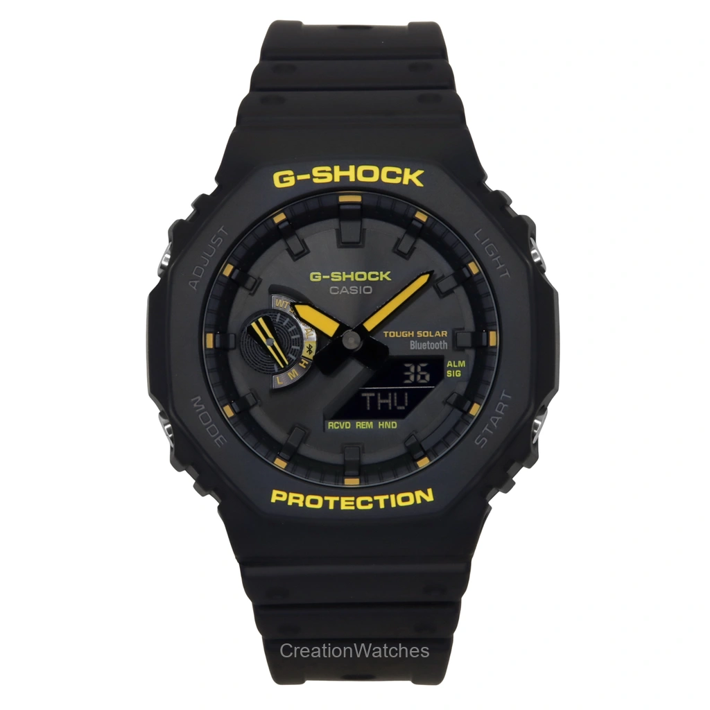 再生品 Casio G-SHOCK Caution Yellow Mobile Link アナログデジタル 樹脂ベルト 黒文字盤 ソーラー GA-B2100CY-1A 200m防水 メンズ腕時計