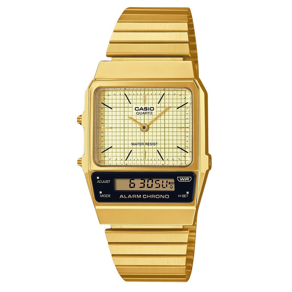 再生品 Casio ビンテージ アナログデジタル Gold Ion Plated ステンレススチール Beige Dial クォーツ AQ-800EG-9A ユニセックス腕時計