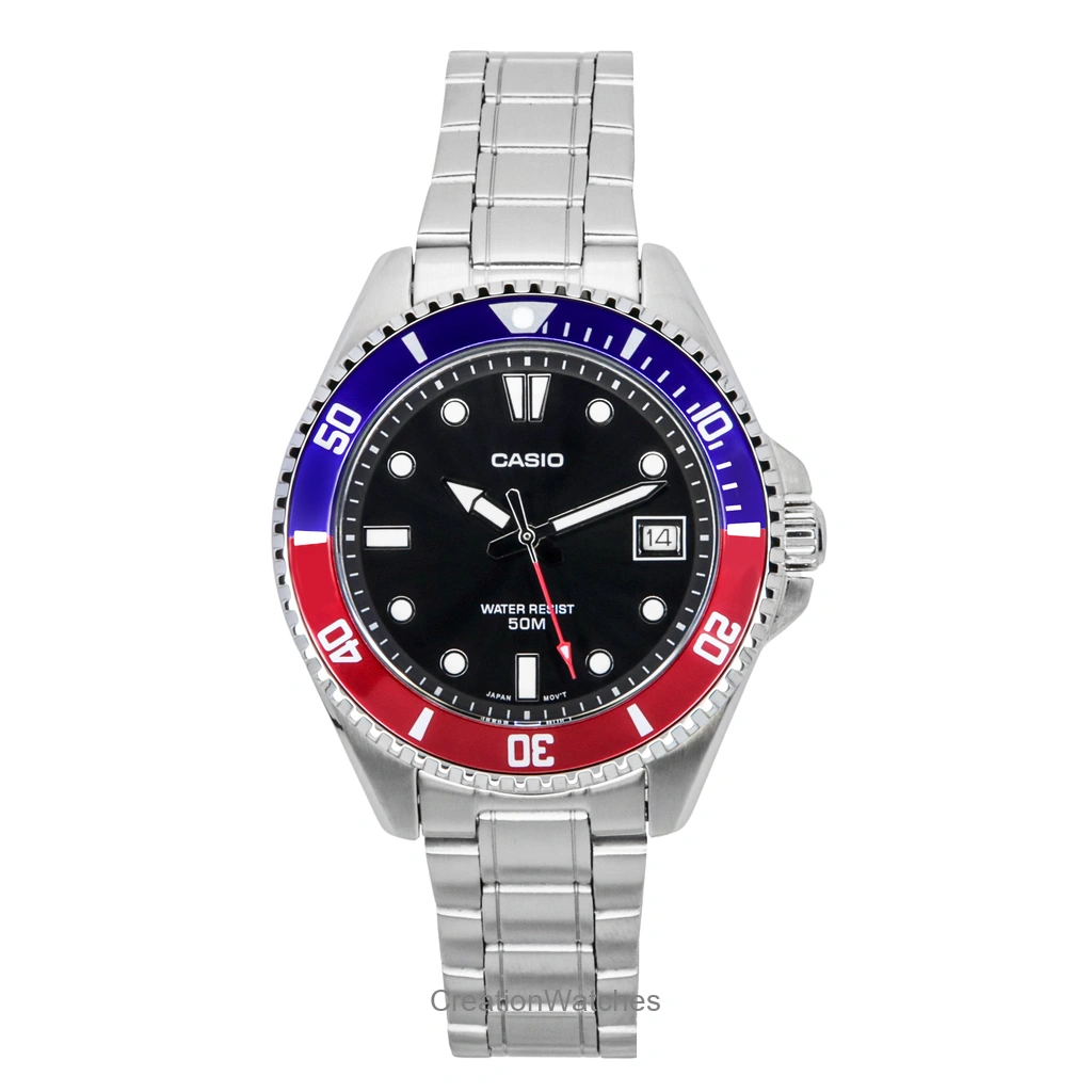 再生品 Casio Standard アナログ Pepsi Bezel ステンレススチール 黒文字盤 クォーツ MDV-10D-1A3 メンズ腕時計