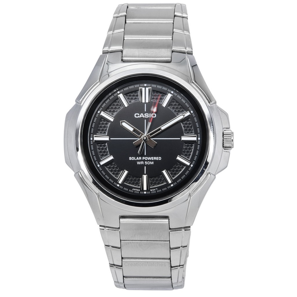 再生品 Casio Standard アナログ ステンレススチール 黒文字盤 ソーラー Powered MTP-RS100D-1A メンズ腕時計
