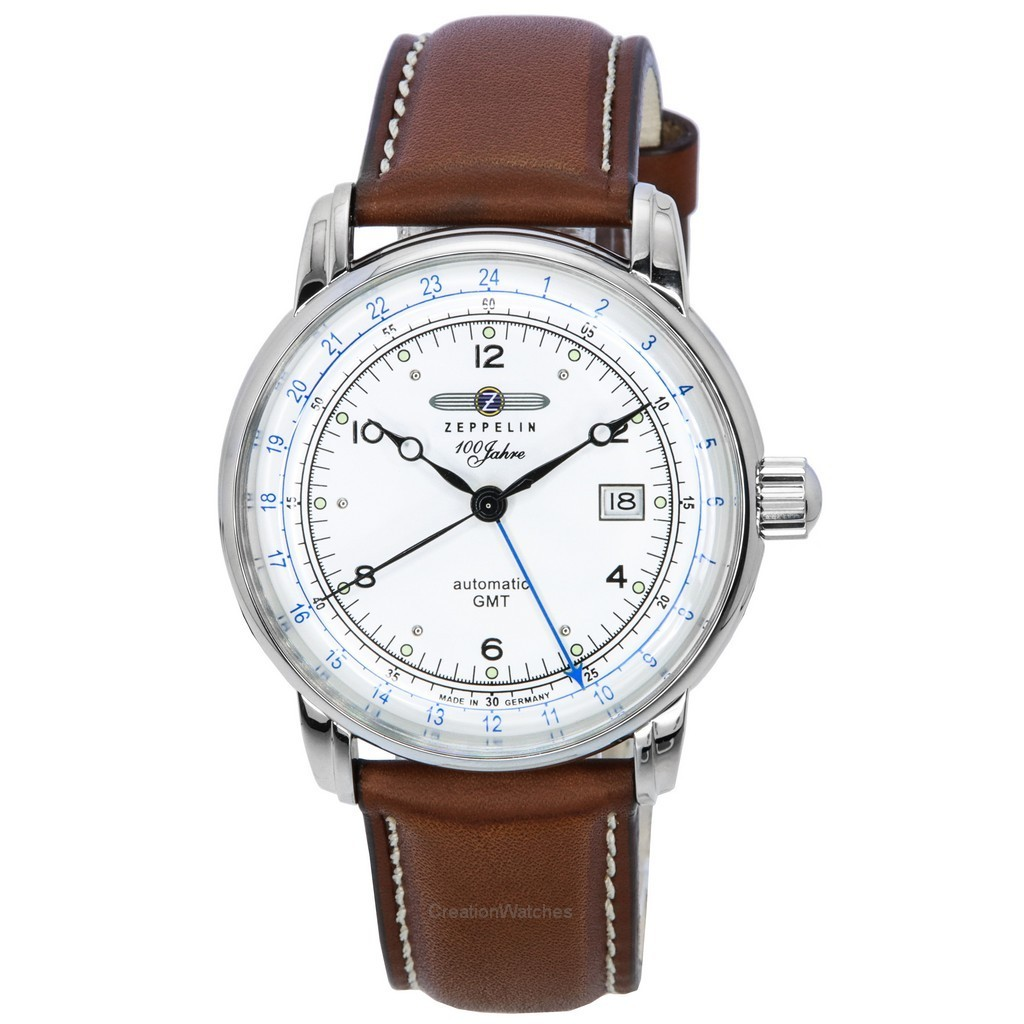 再生品 Zeppelin 100 Jahre GMT レザーベルト Silver Dial 自動巻き 86661 メンズ腕時計